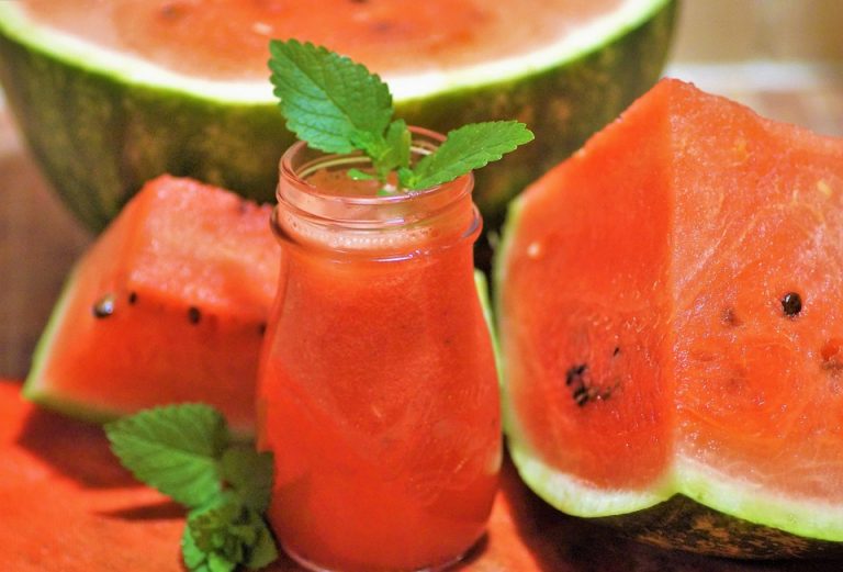 Refreshing watermelon juice with mint leaves.