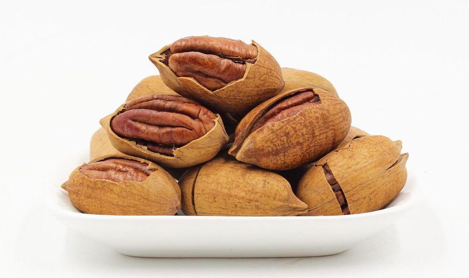 Pecans in shells stacked on a white plate.