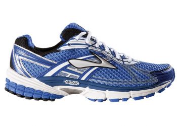 Blue and white running shoe with mesh upper and cushioned sole.