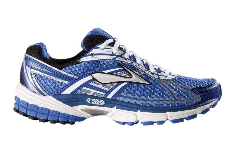 Blue and white running shoe with mesh upper and cushioned sole.