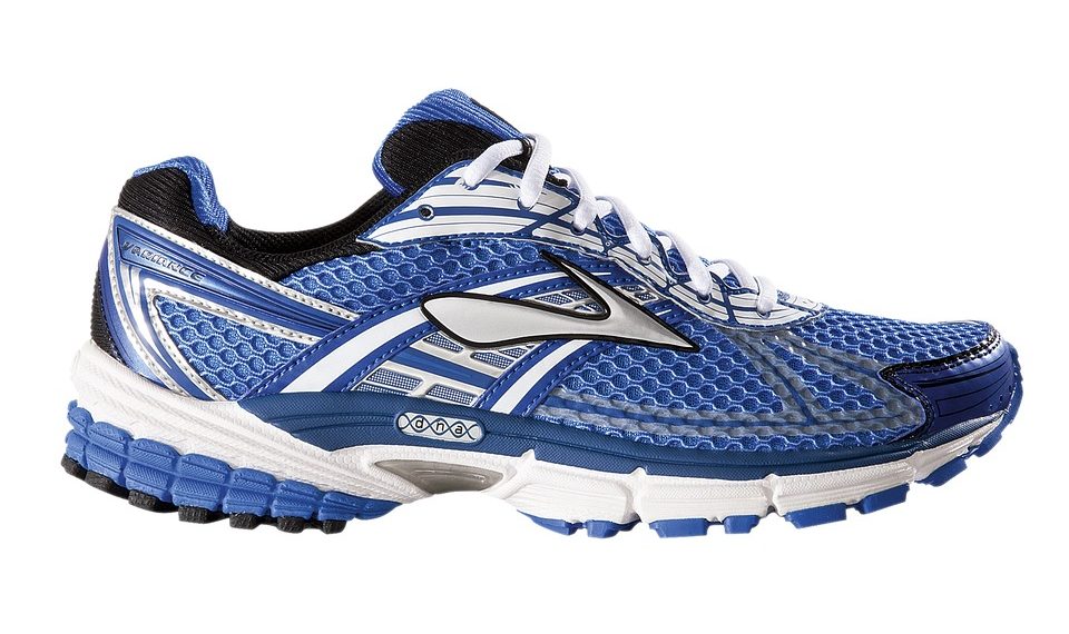 Blue and white running shoe with mesh upper and cushioned sole.