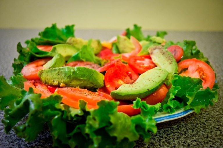 Fresh salad with lettuce, tomato, and avocado slices on a plate.