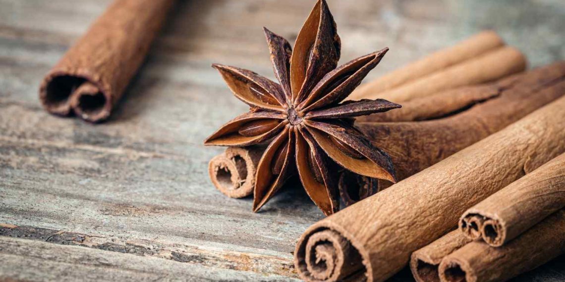 Star anise and cinnamon sticks on wooden table.