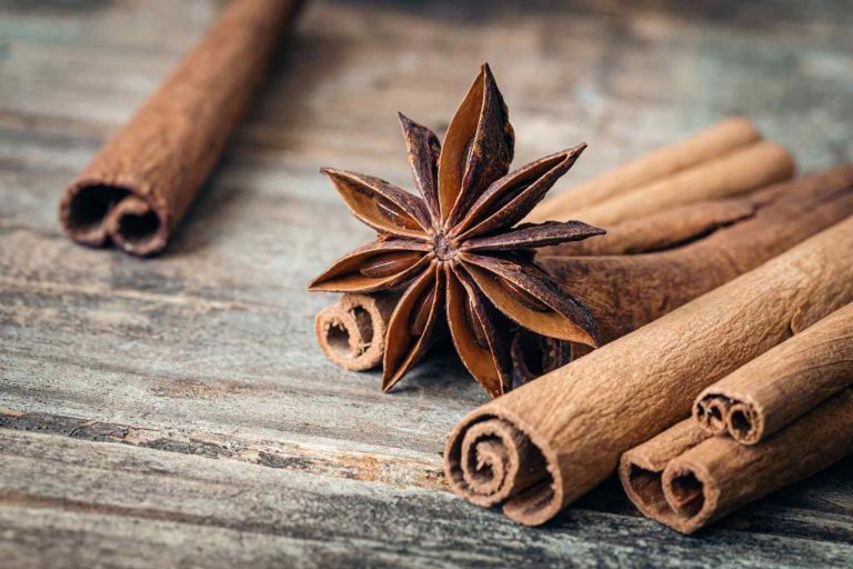 Star anise and cinnamon sticks on wooden table.