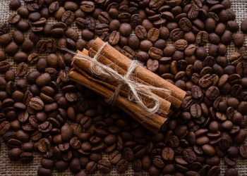Cinnamon sticks tied with twine on coffee beans background.