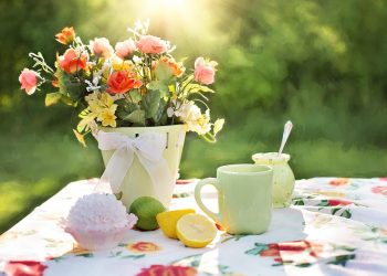 Flowers in a pot with tea, cupcake, and lemons on a floral tablecloth in sunlight.