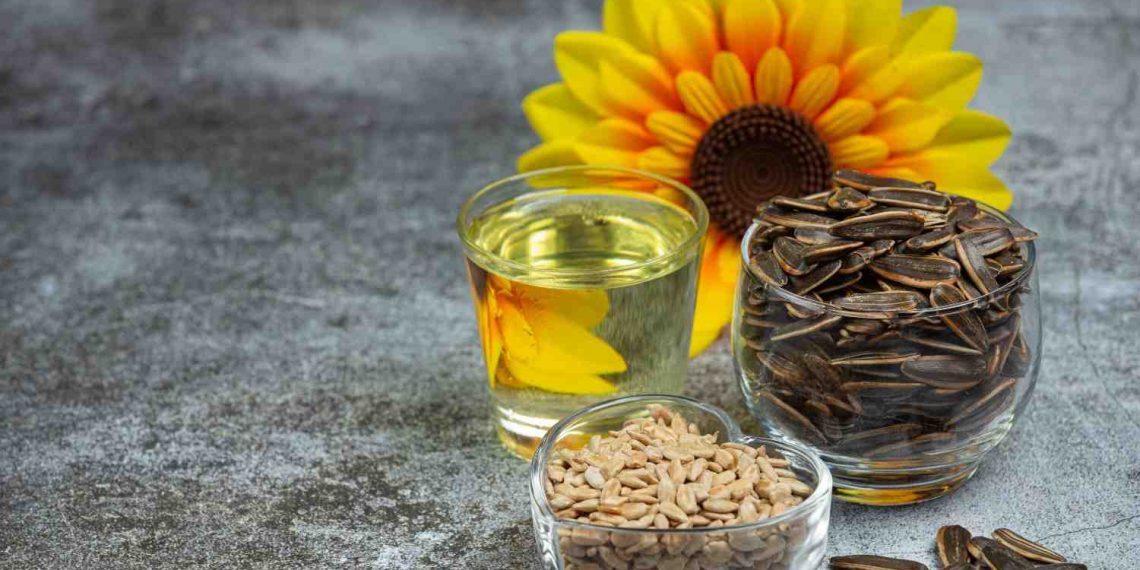 Sunflower seeds, oil, and flower displayed on a table.