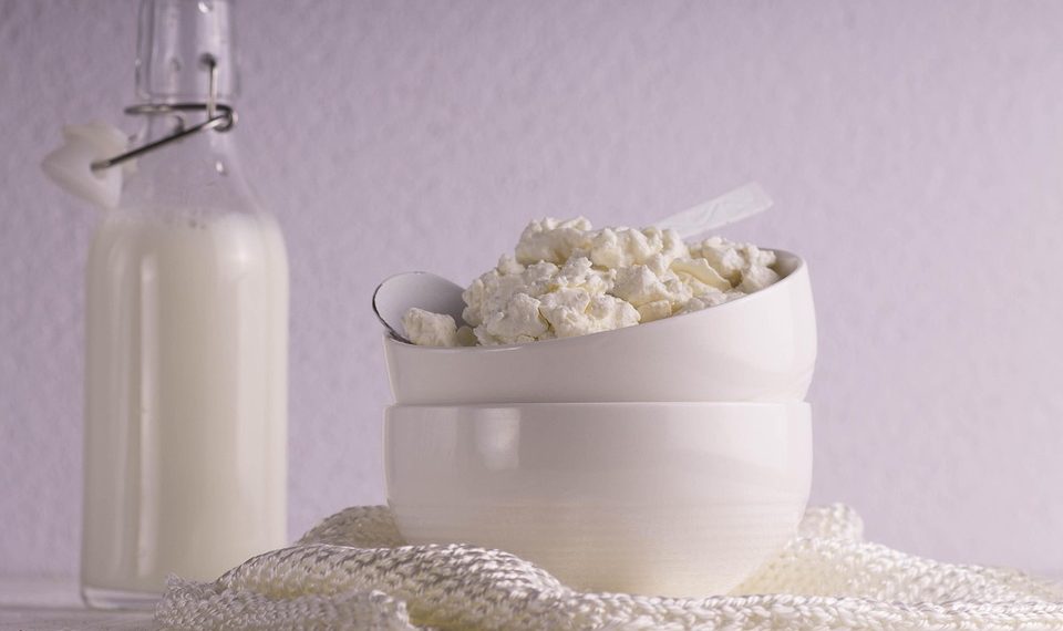 Cottage cheese in a bowl with a milk bottle in the background.