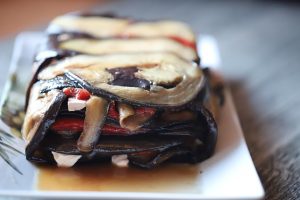 Grilled vegetable terrine with eggplant and peppers.