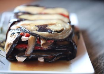 Grilled vegetable terrine with eggplant and peppers.