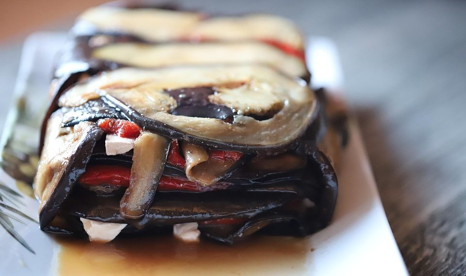 Grilled vegetable terrine with eggplant and peppers.