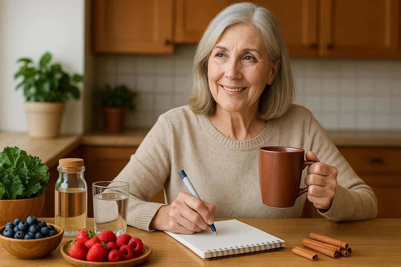 woman in kitchen smiling holding a cup happy to lower blood sugar naturally