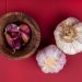 Whole and peeled garlic on red background.