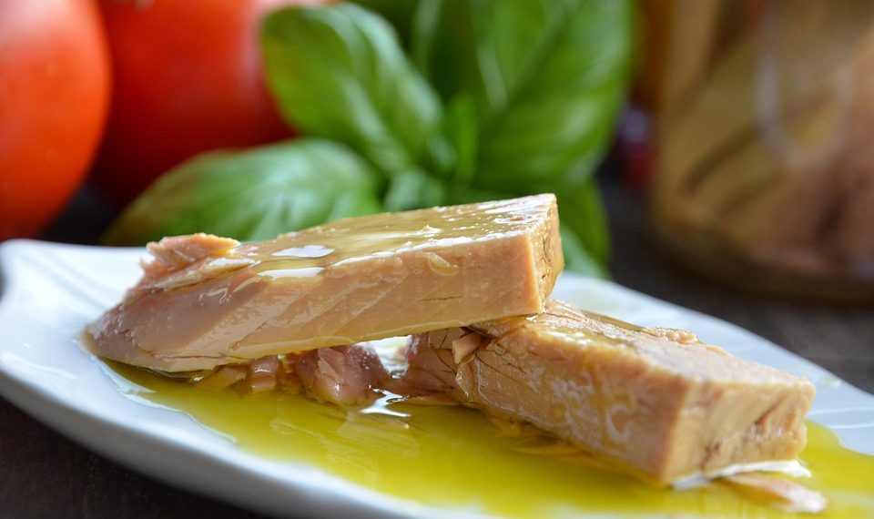 Juicy tuna slices garnished with olive oil on a white plate.