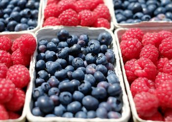 Fresh raspberries and blueberries in baskets.