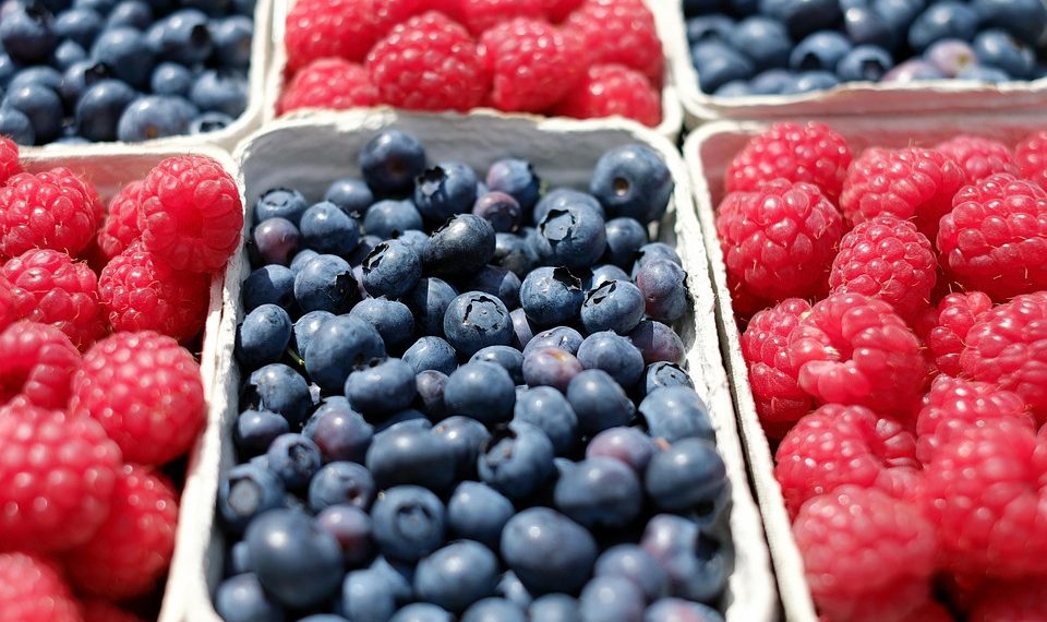 Fresh raspberries and blueberries in baskets.