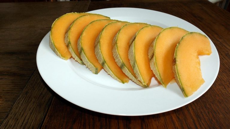 Sliced cantaloupe arranged on a white plate, ready to serve.