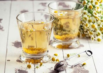 Chamomile tea in glasses with fresh chamomile flowers.