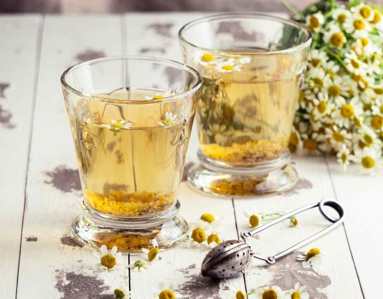Chamomile tea in glasses with fresh chamomile flowers.