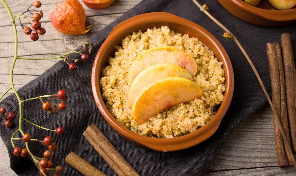 Quinoa topped with apple slices in a terracotta bowl.