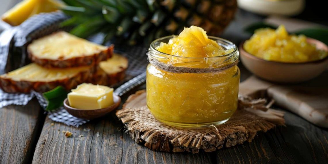Pineapple jam in a jar with fresh pineapple slices on rustic table.