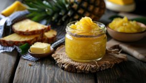 Pineapple jam in a jar with fresh pineapple slices on rustic table.