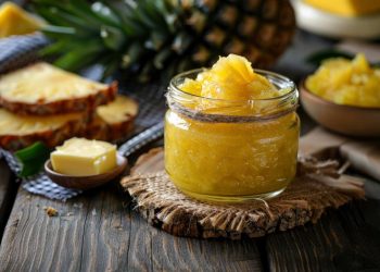 Pineapple jam in a jar with fresh pineapple slices on rustic table.
