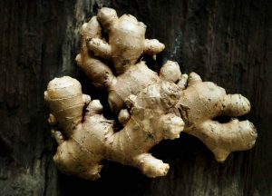 Ginger root on rustic wooden surface.