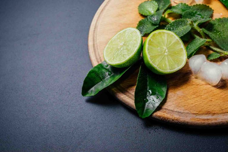Lime slices on a wooden board with mint and ice cubes.