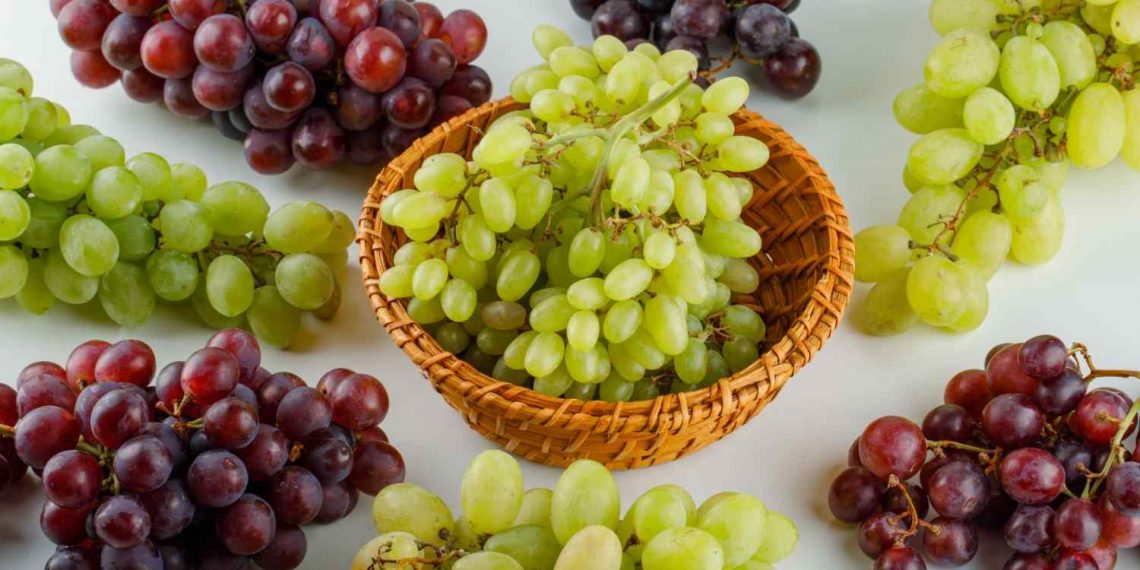 Mixed grapes arranged around a wicker basket on white background.