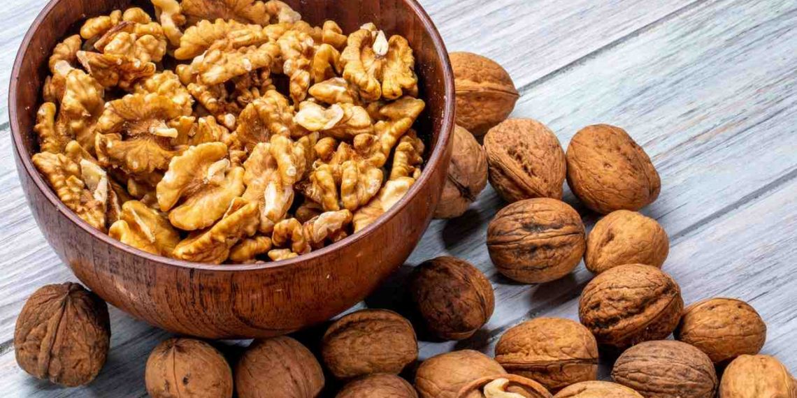 Walnut halves in wooden bowl surrounded by whole walnuts.