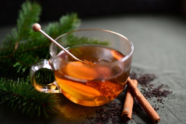 Warm herbal tea with cinnamon sticks and pine branches.