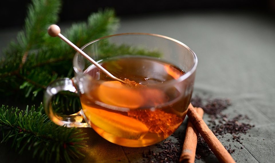 Warm herbal tea with cinnamon sticks and pine branches.