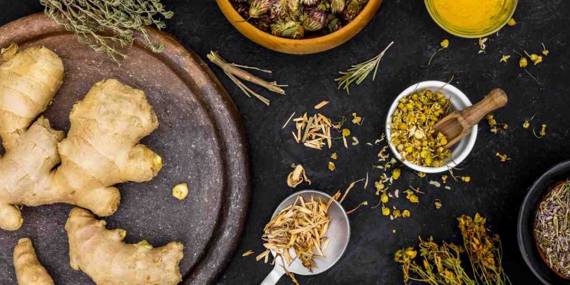 Ginger and herbs on a dark surface with various spices displayed.