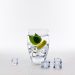 Glass of water with lemon, mint, and ice cubes on a white background.