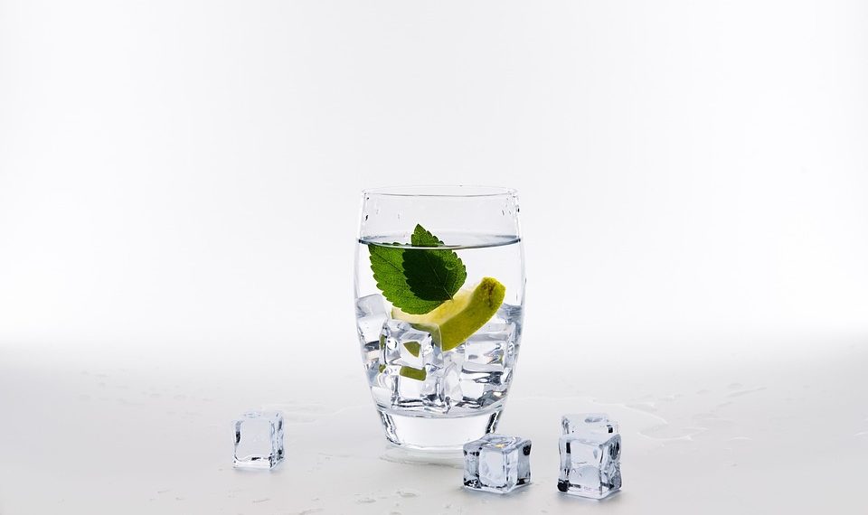 Glass of water with lemon, mint, and ice cubes on a white background.