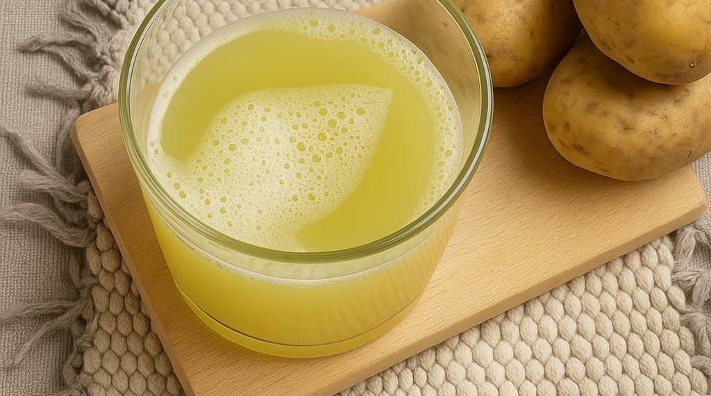 Potato juice in a glass on a wooden board near whole potatoes.