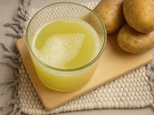 Potato juice in a glass on a wooden board near whole potatoes.