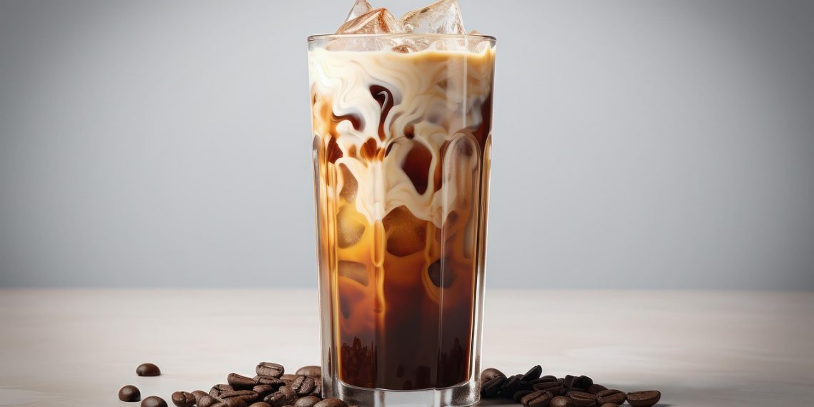 Iced coffee with cream swirl in a tall glass surrounded by coffee beans.