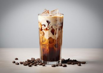 Iced coffee with cream swirl in a tall glass surrounded by coffee beans.