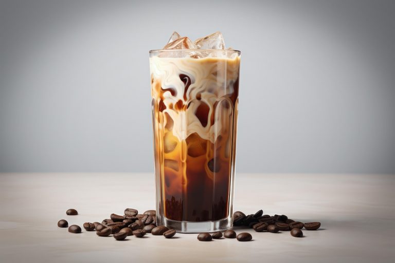 Iced coffee with cream swirl in a tall glass surrounded by coffee beans.