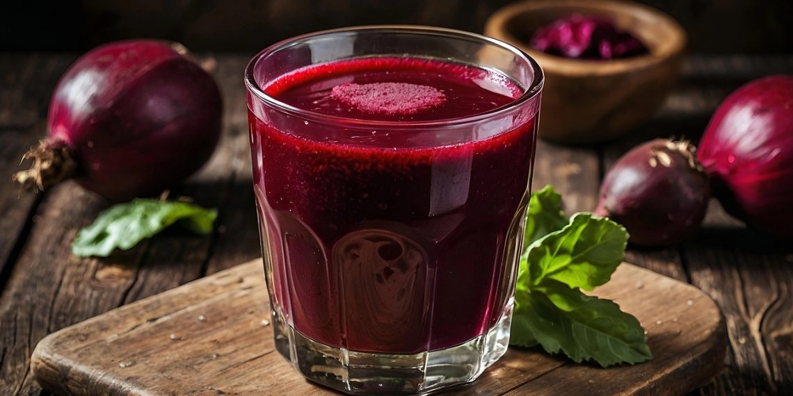 Glass of fresh beetroot juice with whole beets on a rustic table.