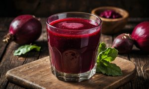Glass of fresh beetroot juice with whole beets on a rustic table.
