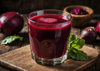 Glass of fresh beetroot juice with whole beets on a rustic table.
