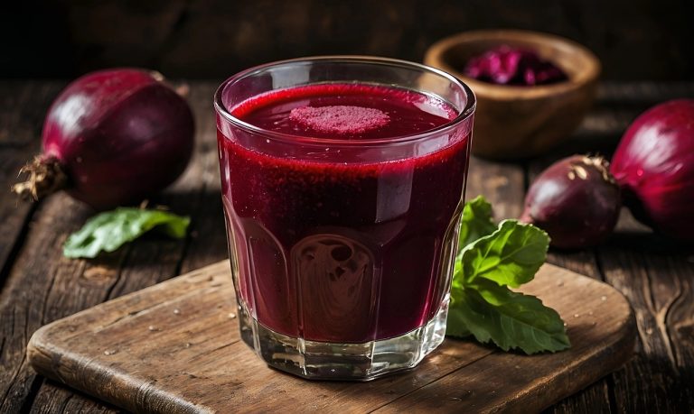 Glass of fresh beetroot juice with whole beets on a rustic table.