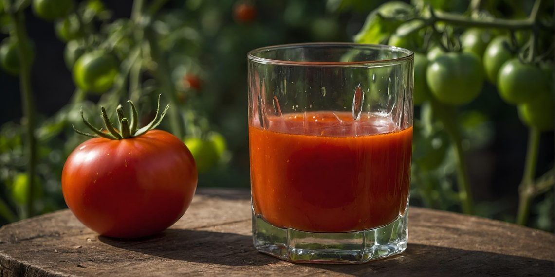 Tomato next to glass of fresh tomato juice on a wooden surface.