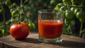 Tomato next to glass of fresh tomato juice on a wooden surface.