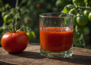 Tomato next to glass of fresh tomato juice on a wooden surface.