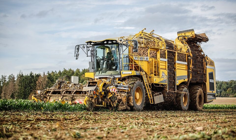 Yellow harvester processing a field of crops.