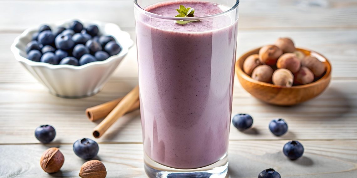 Blueberry smoothie in a glass, garnished with a mint leaf, surrounded by fresh blueberries and macadamia nuts.